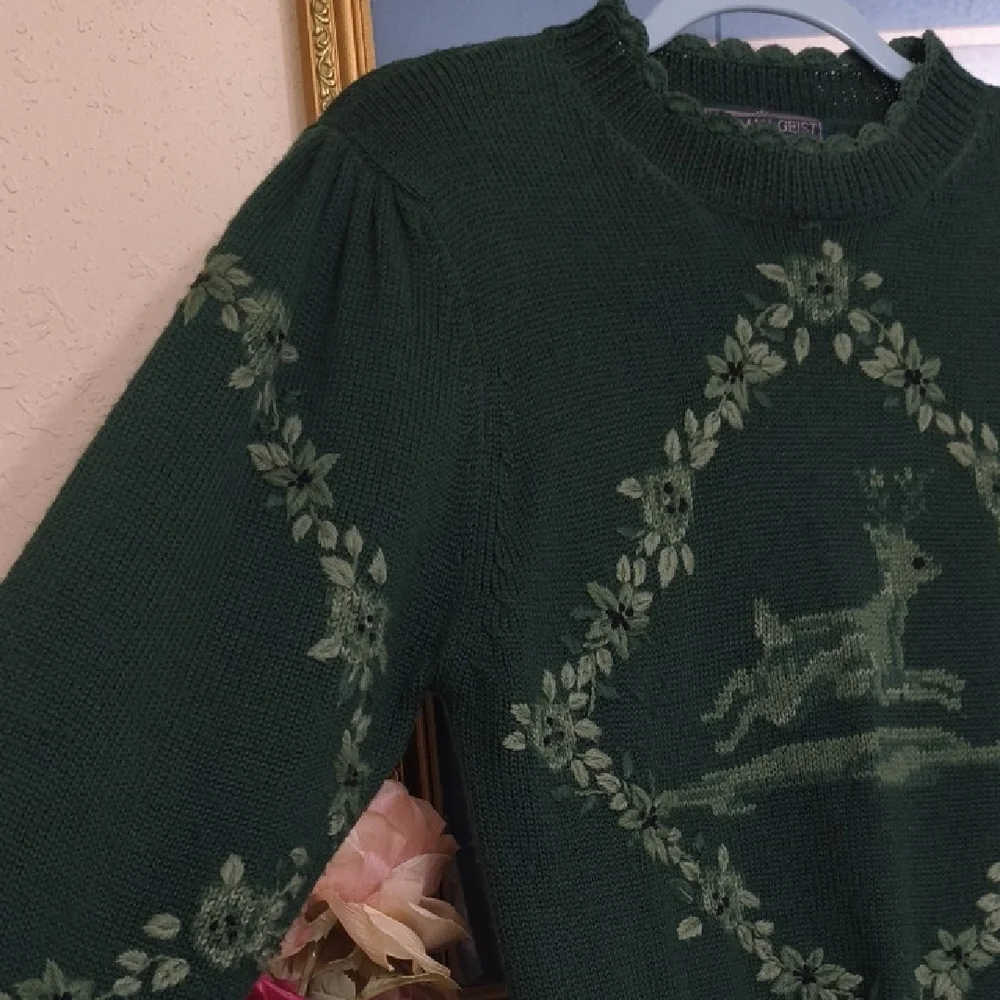 Herman Geist Green Sweater Deer Design Vintage Grandmacore Eclectic Cottagecore - Picture 3 of 14